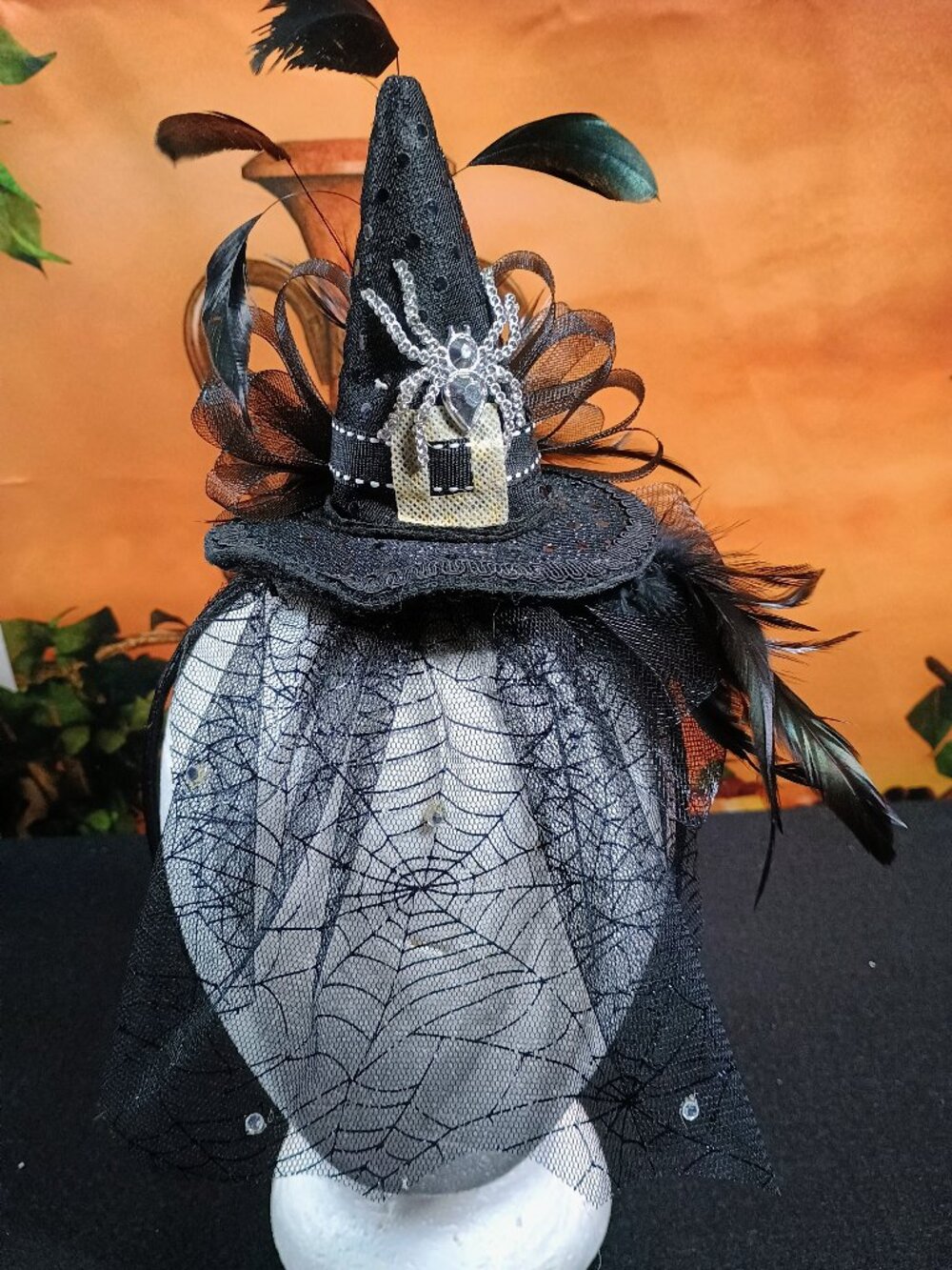 Amscan Deluxe Black Mini Witch Hat Headband Feather Veil Fascinator Gothic